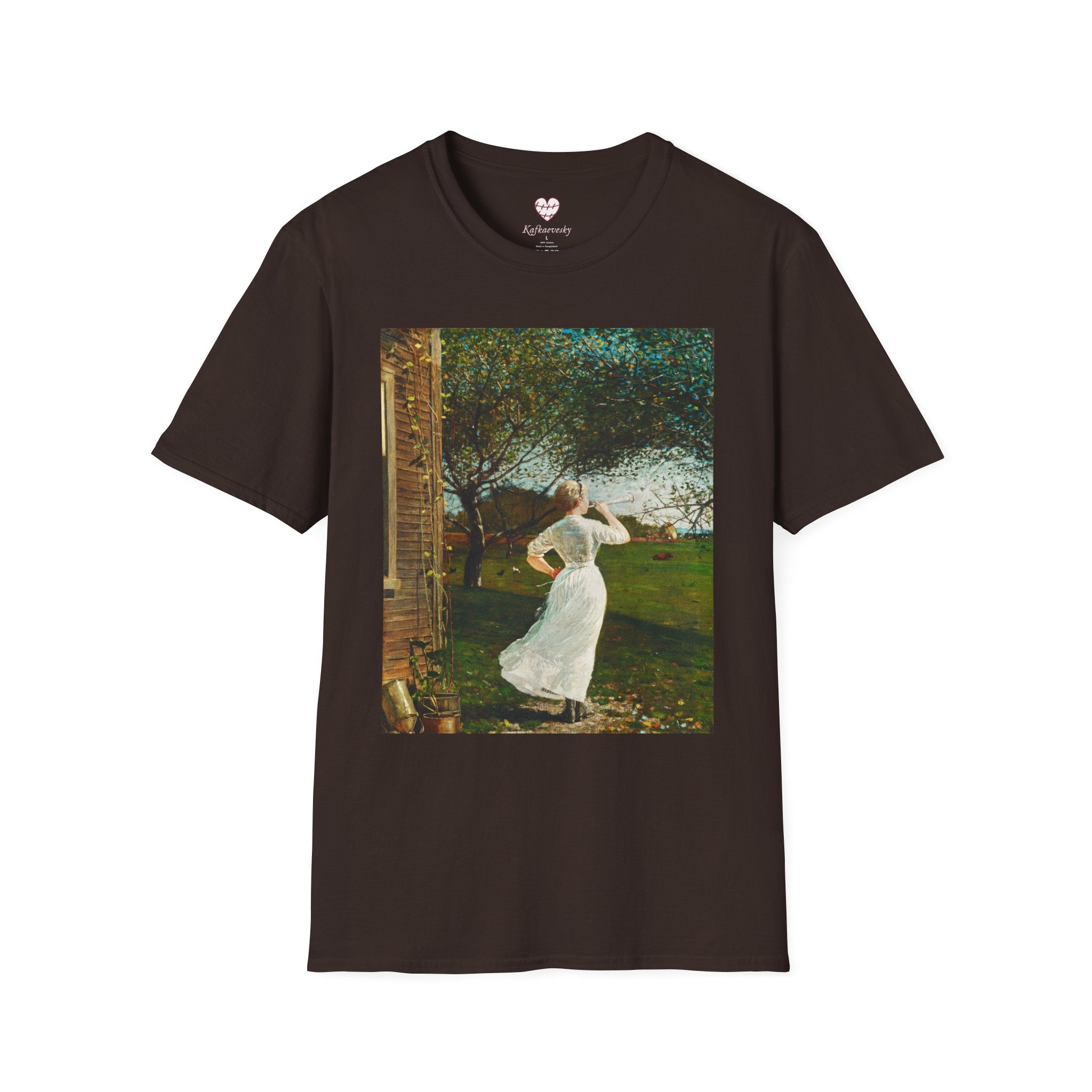 Art Nouveau Garden Print T‑Shirt — Woman in White Vintage Painting Tee