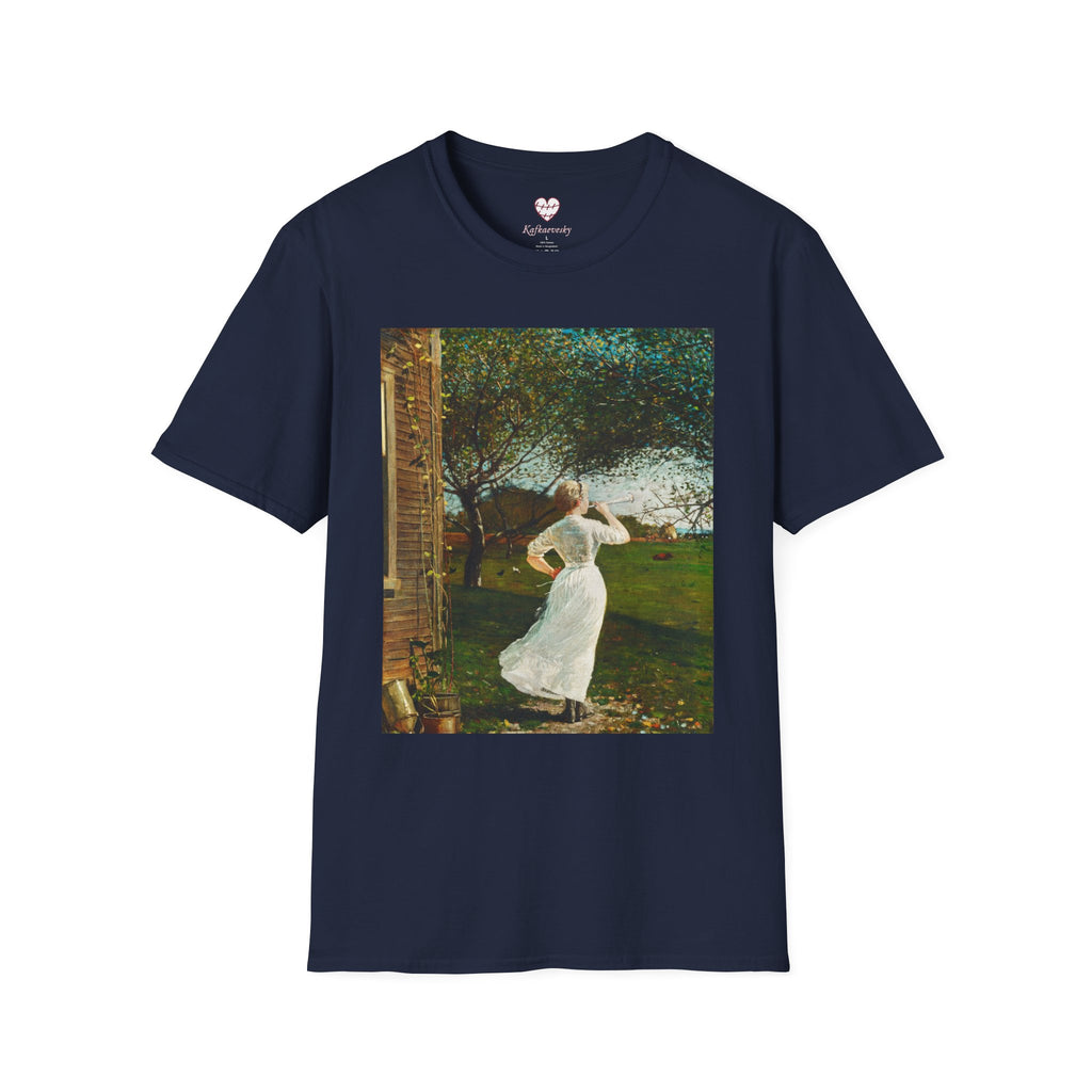 Art Nouveau Garden Print T‑Shirt — Woman in White Vintage Painting Tee