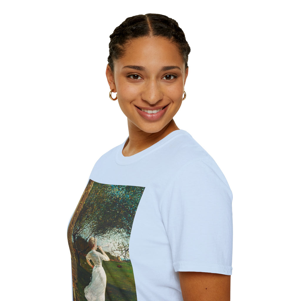 Art Nouveau Garden Print T‑Shirt — Woman in White Vintage Painting Tee