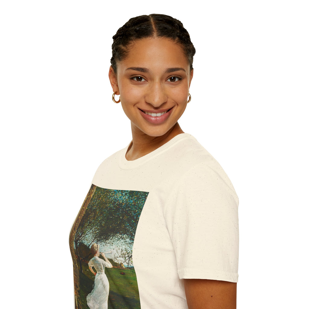 Art Nouveau Garden Print T‑Shirt — Woman in White Vintage Painting Tee