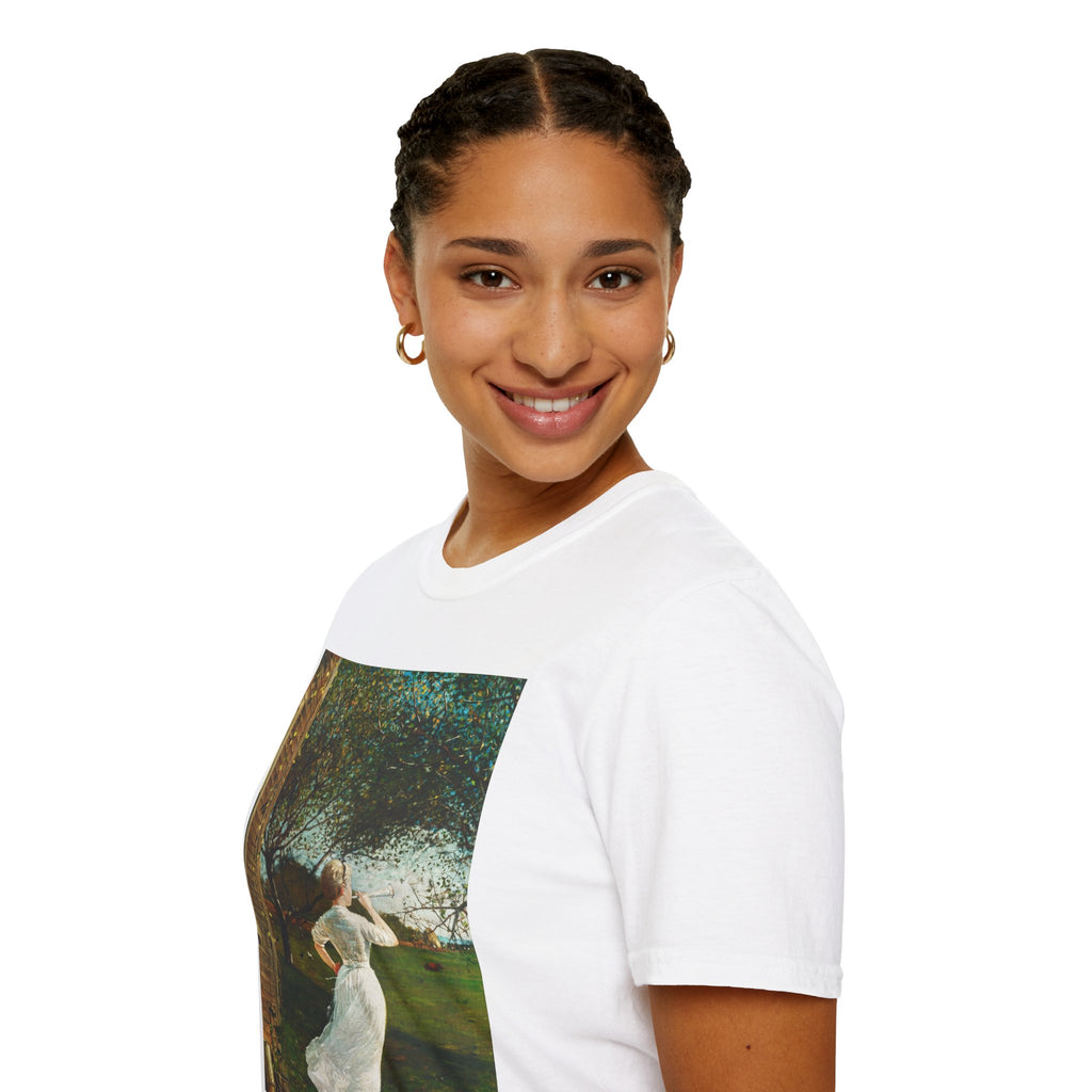 Art Nouveau Garden Print T‑Shirt — Woman in White Vintage Painting Tee