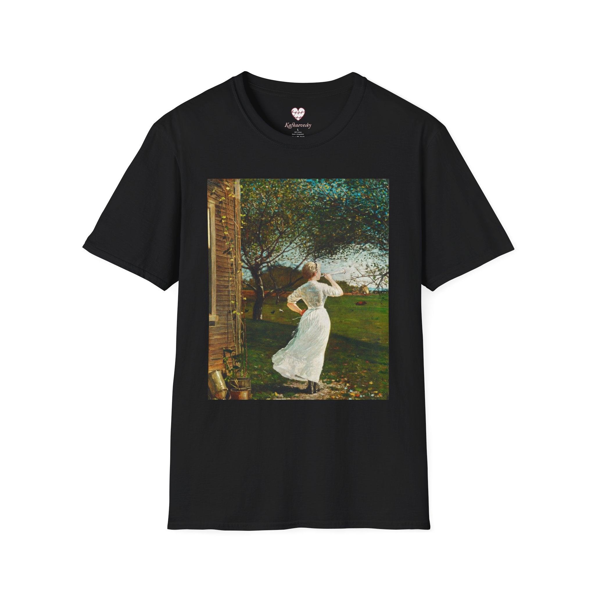 Art Nouveau Garden Print T‑Shirt — Woman in White Vintage Painting Tee