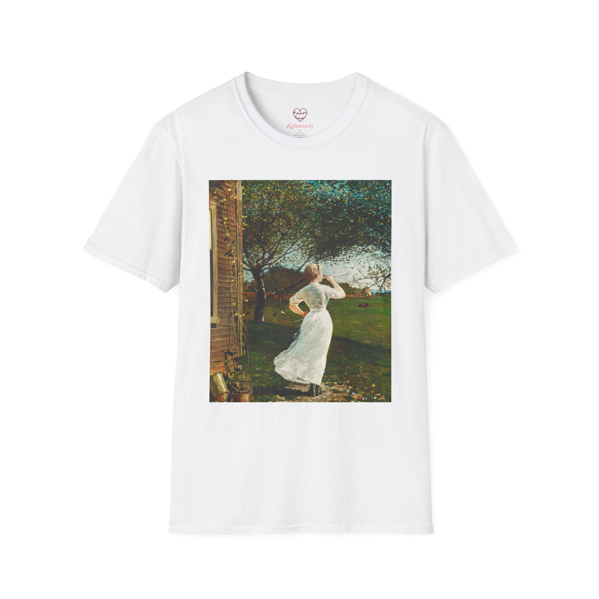 Art Nouveau Garden Print T‑Shirt — Woman in White Vintage Painting Tee